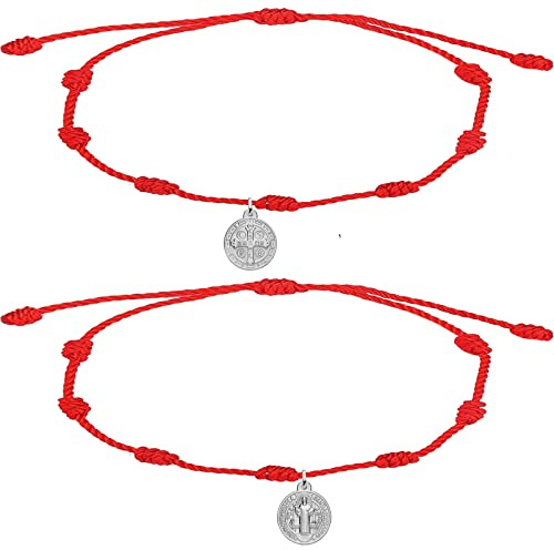 Braccialetto con 7 nodi e bracciale in filo rosso di destino - Braccialetto Kabbalah in corda per suerte, amicizia, tibetano e amuleto - regolabile - Protezione contro il malocchio