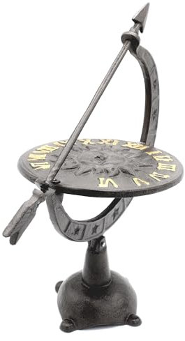 Fishtec - Antikes Sonnenzifferblatt mit Pfeil & Sockel - Zeitanzeige auf den Weg der Vorfahren - Stunde in goldenen römischen Ziffern 32 x Ø 15cm analog Innen- & Außendekoration