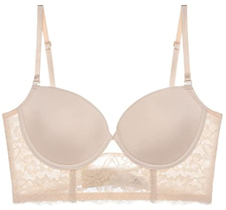 Soutien-Gorge Dos Nu Invisible Bralette Dentelle Mariage Soutiens-Gorge Bas du Dos sous-vêtements Push Up Brassière Femmes sans Couture Lingerie Corset (Color : Khaki, Cup Size : 75D)