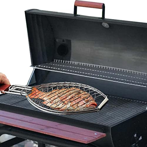 dobooo Stainless Steel Fish Grilling Basket, BBQ Grill Basket With Non-Slip Handle | BBQ Basket for Fish Vegetables Shrimp, Barbecue Accessories