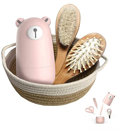 Baby 7 in 1 Pflegeset, Nagelschere, Nagelfeile, Pinzette, Naturholz-Haarkamm, Aufbewahrungskorb，für Kinder und Neugeborene in einer schönen Geschenkbox.