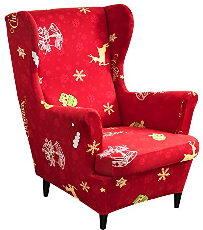 Lukery Ohrensessel Bezug 2 Teilig, Weihnachten Stil Ohrensessel Überzug Stretch Ohrensessel Überwurf mit Armlehnen Husse für Ohrensessel Sesselbezug Elastisch Sesselschoner (Goldener Elch)