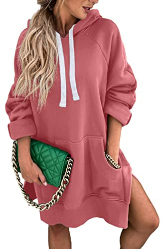 PRETTYGARDEN Sweatshirt for Women 2026 Fall Oversized Pullover Long Sleeve Casual Hoodie Dress Kangaroo Pocket Winter Clothes (Pink,Large)