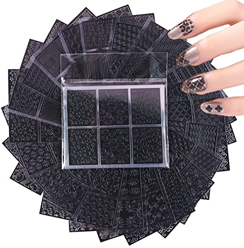 144Pcs Nail Vinyls Nail Art Stencil Sticker Set, 72 Designs of French Nail Airbrush Stencils, Acrylic Hollow Dual-use Nail Art Stickers DIY Manicure Decorative Supplies