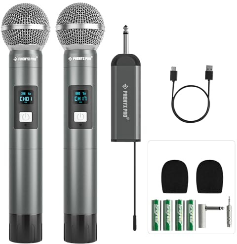 Phenyx Pro Dual Digital Wireless Microphone System, w/2 Handheld Dynamic Microphones,15 UHF Frequency Groups, Mini Receiver, Metal Cordless Mic for Karaoke,Church,DJ,Singing (PDP-2-2H)