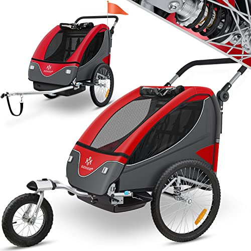 KESSER® Kinderanhänger Fahrradanhänger 360° Drehbar mit Federung 2in1 Joggerfunktion Kinderfahrradanhänger + 5-Punkt Gurt Jogger Fahrrad Anhänger für 1 bis 2 Kinder max. 40kg Inkl. Warnfahne, Rot