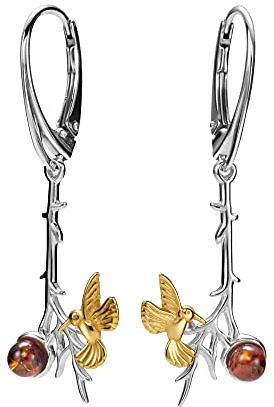 Copal Pendientes Para Mujer De Ámbar Báltico Auténtico Con Pájaro En Plata 925