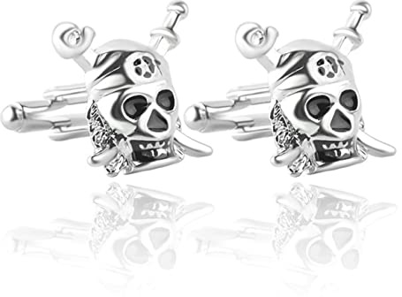 Gemelos de calavera pirata de plata, accesorios novedosos para hombre, About 21 x 20 mm, Acero inoxidable, no tienen