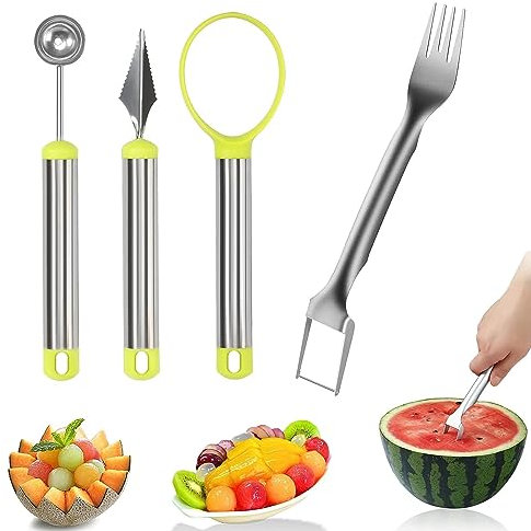 4 Stück Obst Werkzeug Set, 2-In-1 Wassermelonen Gabelschneider, Kugelausstecher Und Schnitzwerkzeug, Multifunktion Melonenausstecher, für Küche Familien Partys Camping