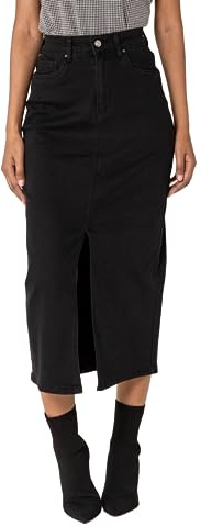 Nina Carter P215 Gonna in jeans da donna a vita alta - Gonna lunga elasticizzata con spacco sul davanti, look usato, lunghezza al polpaccio con chiusura lampo, M