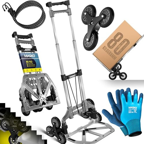 MASKO® Stufen-Sackkarre Treppenkarre Klappbar 80 kg Tragkraft 3x3 Treppensteiger inkl. Rädern + Expanderseil + Handschuhe - höhenverstellbarer Griff - Aluminium Handkarre für Transportkarre Grau
