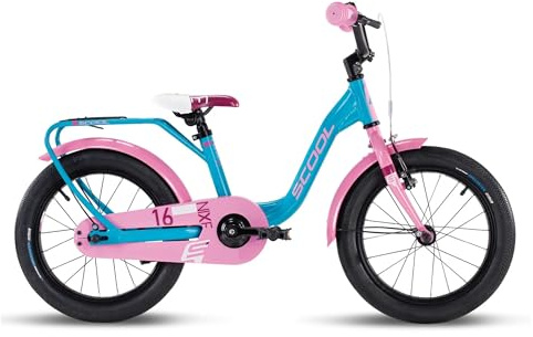S'COOL niXe 16 Zoll Kinderfahrrad 1 Gang, Alurahmen, tiefer Einstieg, Stützräder montierbar, Rücktrittbremse + V-Brake, geschlossener Kettenschutz, für Kinder 105–120 cm, 4–6 Jahre, Ocean/Pink