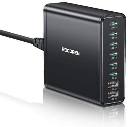 Rocoren 340W Caricatore USB C Multiplo, 8 Port PD100W QC4.0 GaN Stazione di Ricarica, Alimentatore USB C con cavo da 1.5 m, Carica batterie per MacBook Pro Air iPhone 16 Pro Max iPad Galaxy S24 Laptop