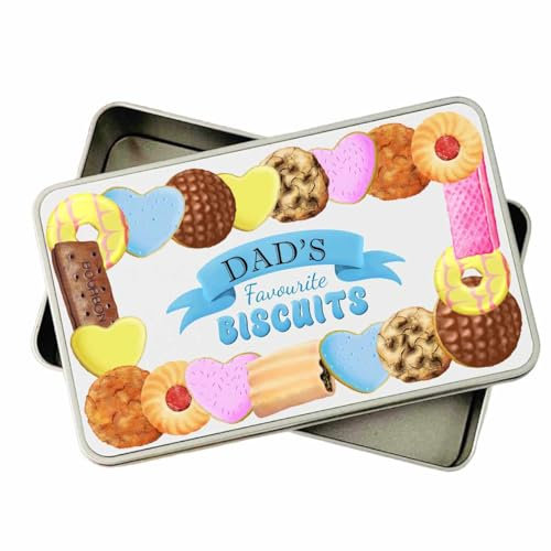 Personalised Biscuit Tin gift for mum dad nana grandad friend teacher with cute biscuit design custard cream, bakewell, iced ring, gingernut. Home or Workplace