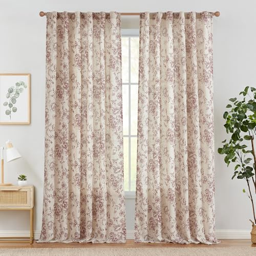 TOPICK Floral Gardinen Leinenoptik Vorhänge 2er Set H245xB140 Rot Beige | Lichtdurchlässig Gardinen Wohnzimmer boho landhausstil blickdicht Vorhänge Schlafzimmer Curtains Living Room fenstervorhang