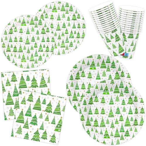 Assiettes de Noël, Forêt verte Lot de 100 Serviettes de table Assiettes à dessert et Gobelets en papier Vaisselle de fête jetables pour Noël