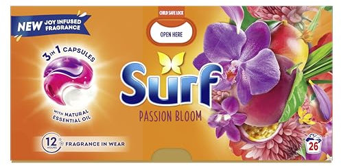 Surf 3 in 1 Passion Bloom Laundry Washing Detergent Capsules 78 washes (3x 26 capsules) joy-infused fragrance with natural essential oil lasting up to 12 hours in wear for brilliantly clean results