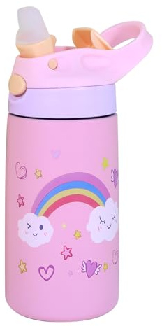 iZEL Kids Waterbottle 400ml Childrens Stainless Steel BPA Free Drinking Leak Proof Water Bottle with Straw Vacuum Insulated for School Sports Travel Adventure Work Game Child Kids (Pink Unicorn)