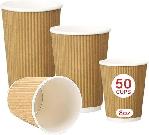 Ask Packaging Disposable Coffee Cups – 8oz x 50 Kraft Brown Ripple Paper Cups (240ml) – Eco Friendly Insulated Leakproof Hot Drink Cups – Ideal for Takeaways, Tea, Cappuccino, Travel, Picnic, Party