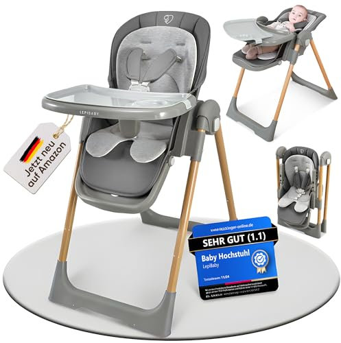 LepiBaby FlexiCo Hochstuhl Baby mit Liegefunktion & Neugeborenenaufsatz, Klappbar & Höhenverstellbar | Kinderstuhl Kinderhochstuhl Babystuhl | Mitwachsend Kind ab Geburt, 1-3 Jahre | Grau