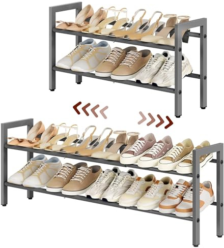 FAVOOSTY 2 Ebenen Schuhregal Metall Ausziehbares Grau, Verstellbar Platzsparend, Shoes Rack, Robustes Schuhständer für Eingangsbereich, Schlafzimmer