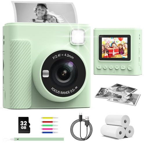 TIATUA Kids Camera Instant Print, 2.4'' Instant Camera for Kids with 32G Card & Print Photo Paper, 1080P Video Kids Digital Toy, Christmas Birthday Gifts for Boys Age 3-12 Years Old (Green)