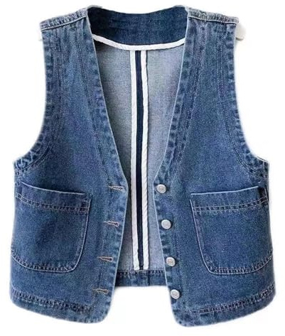 Generisch Gilet en jean pour femme - Sans manches - Grandes tailles - Gilet d'été court - Gilet de motard avec col en V - Gilet de moto avec poches - Gilet de travail vintage - Veste en jean ample,