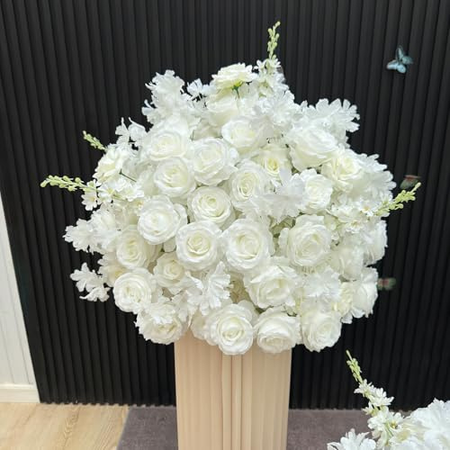 Lucky flower Boules de Roses artificielles centres de Table de Mariage, Fausses Fleurs Boule d'hortensia Rose, Bouquet d'arrangement de Boules Florales d'hortensia (White,50cm/19.7in)