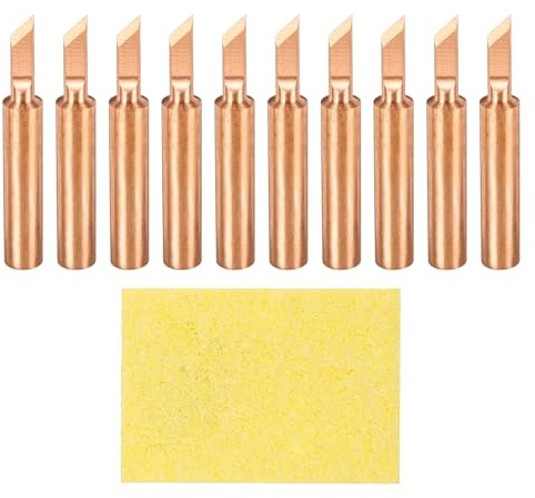 sourcing map 10 Pcs 900M Soldering Iron Tips Copper Non-Magnetic Welding Head with Cleaning Sponge Pad Replacement for Solder Station Tip (900M-T-S.K)