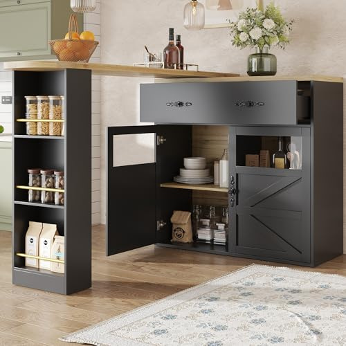 A ALFRESCOOL Ausziehbarer Bartisch mit Stauraum, 360° Drehbare Essbar, Moderner Beweglicher, Hochtisch Kücheninsel Bistro Table, Sideboardschrank mit Regalen, 138-204×39×104cm (Schwarz)
