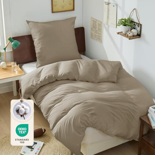 BEDELITE Bettwäsche 135x200 Baumwolle 2teilig mit Kissenbezug 80x80 | Bettbezug 135x200 + Kopfkissenbezug 80x80 mit Reißverschluss, Oeko-TEX Bettwäsche-Sets weiche und atmungsaktiv, Beige