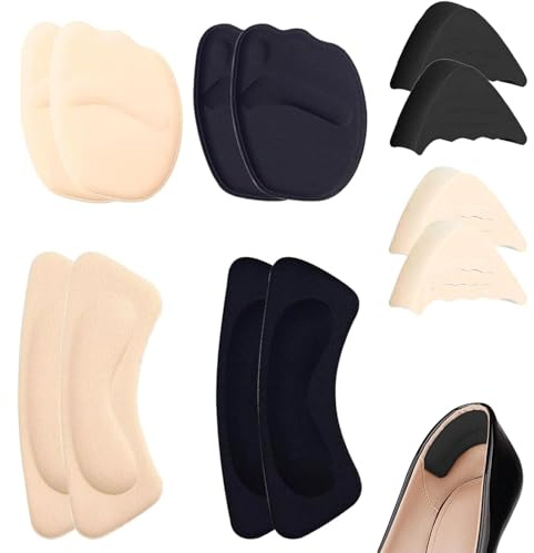CHUANFU 6 Paia Cuscinetti per Scarpe per Avampiede, Proteggi Tallone per Tacchi Alti, Antiscivolo e Contro le Vesciche, Comodo Tallone per Scarpe Troppo Grandi (Beige, Nero)