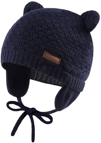 Mayoii Winter Beanie Hat for Baby Kids Toddler Infant Newborn, Earflap Cute Warm Fleece Lind Knit Cap for Boys Girls (UK, Alpha, L, Navy)