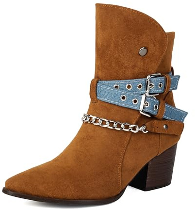 Bviennic Donna Stivaletti Western Tacco Medio Casuale Appuntito Senza Chiusura Slouch 2304 Marrone Numero 38 EU/39Cn