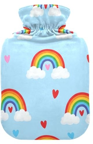 Wärmflaschen mit Regenbogen-Herzen, mit Samtbezug, warme Wasser-Wärmeflaschen für Menstruationskrämpfe, Schmerzlinderung, mittelgroß