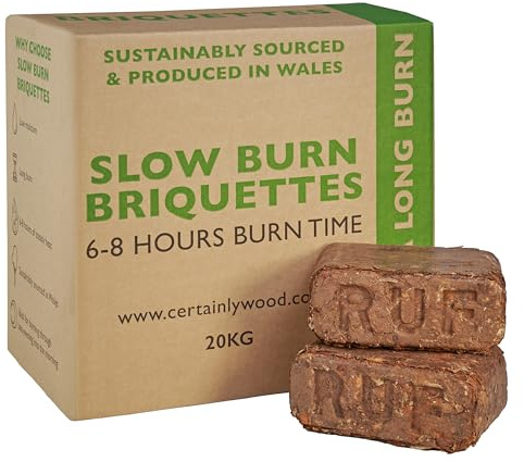 2 x Certainly Wood Premium Slow Burn Briquettes - 6 to 8 hours Perfect for Log Burners & Wood Stoves. 20 Briquettes Per Box .Eco Friendly – Made in Wales (2 x 20Kg Box)