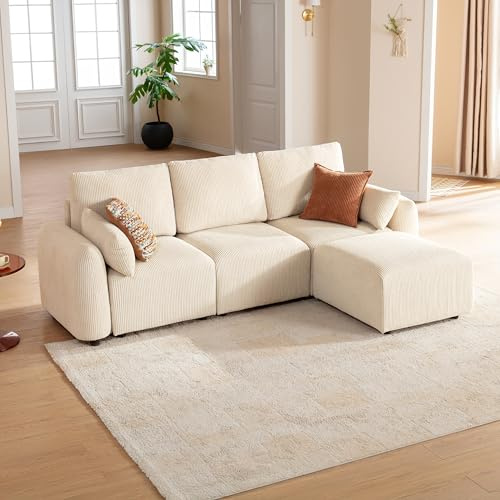 JINOVIA Modulares Ecksofa 254cm, modernes Cord-Schlafsofa in L-Form mit Hocker, individuell konfigurierbare Wohnlandschaft, hochdichter Memory-Schaum, abnehmbare & waschbare Kissenbezüge, Beige