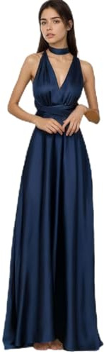Jamron Donna Elegante Scollo a V Profondo Vestito Raso da Sera Multi Way Abito a Portafoglio Maxi Vestito da Ballo Blu Marino SN0703227-N XL