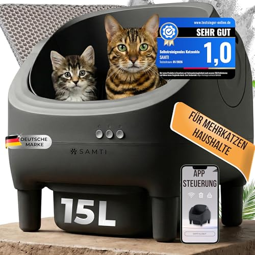 SAMTI Klobot - Selbstreinigender Katzenklo Roboter, 15L XXL-Behälter für Mehrkatzenhaushalte - Elektrische Katzentoilette groß & offen, automatische Katzentoilette, Katzenklo selbstreinigend XXL
