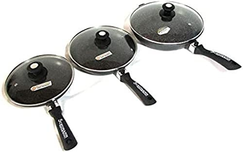 Schumann Professionnel - Lot 3 Poêles Moove Revêtement en Pierre - Compatibles Tous feux dont Induction - Fonte d'Aluminium Sans PFOA - Manches Amovibles en Silicone - Couvercles Inclus - 24/28/32cm