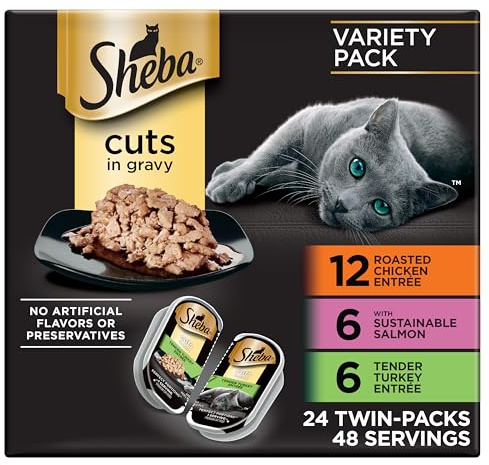 Sheba Perfect Portions Wet Cat Food Cuts in Gravy, Cat Food Wet Recipe, Roasted Chicken Entree, with Sustainable Salmon, Tender Turkey Entree, 2.6 oz. Twin-Pack Trays (24 Count, 48 Servings)