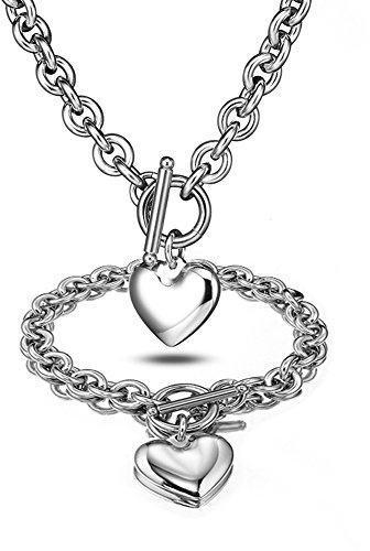 Jxlepe Heart Pendant Necklace and Bracelet Toggle Chain Stainless Steel Silver Drop White Jewelry Set For women (White)