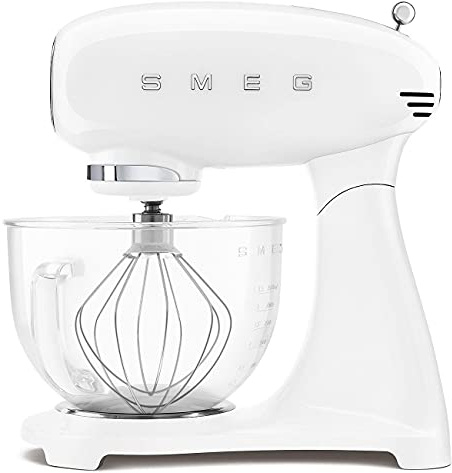 Smeg, SMF13WHEU Planetenmischer, 10 Geschwindigkeitsstufen, Sanftstartfunktion, 4,8 l Glasschüssel, Motorsperre, inkl. Zubehör, 800W, Weiß