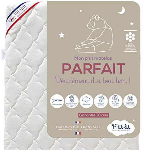 P'TIT LIT - Matelas Bébé Parfait - 60x120 cm - 2 Faces : Ultra Respirant l'Été/Chaud et Douillet l'hiver - Anti Acarien - Déhoussable - Oeko Tex® - Fabrication Française
