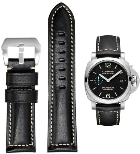 FOUUA Panerai Uhrenarmband 22 mm 24 mm 26 mm Leder Vintage Militär Uhrenarmband Ersatzband für Panerai Lumia 44 Herren, Schwarz - Silber, 24mm, Riemen