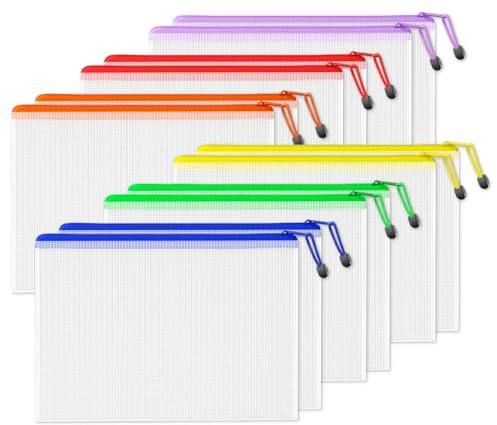 SUNEE Dokumententasche A3, 12 Stück Wasserdichte Mesh Dokumententaschen mit Reißverschluss in 6 Farben, Kunststoff Datei Taschen für Bürobedarf, Schule, Haushalt & Reisen