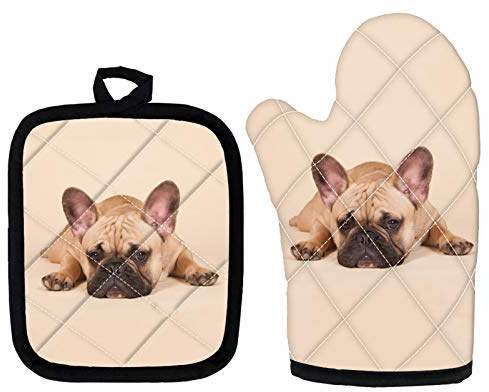 Showudesigns Ofenhandschuhe und Topflappen, französische Bulldogge, niedlich, hitzebeständig, Topflappen zum Backen, Kochen, Grillen, maschinenwaschbar