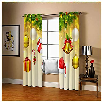 Daesar Tende 2 Pannelli, Tende Vetro Finestra Regalo di Calze Natalizie con Cappello A Campana Tende Vetro Giallo Rosso Verde Tende Decorative Oscuranti 107x115CM