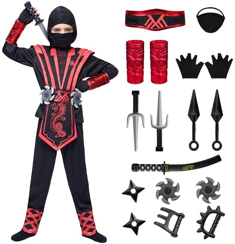 Spooktacular Creations Röd ninjadräkt för barn för pojkar och flickor, halloweenutklädningsfest, ninja-rollspel! (Small (5–7 yrs)