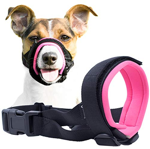 Gentle Muzzle Guard for Dogs - Prevents Biting and Unwanted Chewing Safely Secure Comfort Fit - Soft Neoprene Padding – No More Chafing – Training Guide Helps Build Bonds with Pet (XS, Pink)